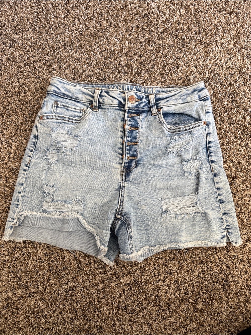 Vanilla Star Light Distressed High-Rise Denim Shorts